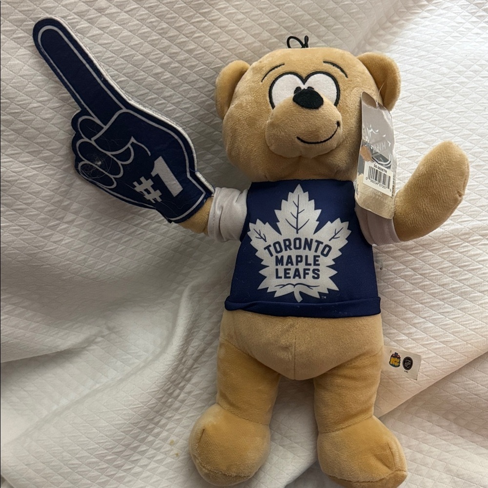 Official NHL Toronto Maple Leafs Plush Bear with Foam #1 Finger - Blue & Tan 14”